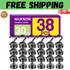38Pack Heavy Duty Magnetic Hooks, 30LBS Powerful Black Metal Neodymium Magnets H