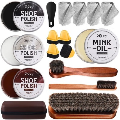 17Pcs Leather Shoe Polish Set Travel Boots Shine Care Kit Horsehair Brushes f...