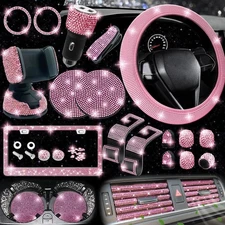 27 Pink Bling Car Accessories Set for Women - Steering Wheel Cover & More