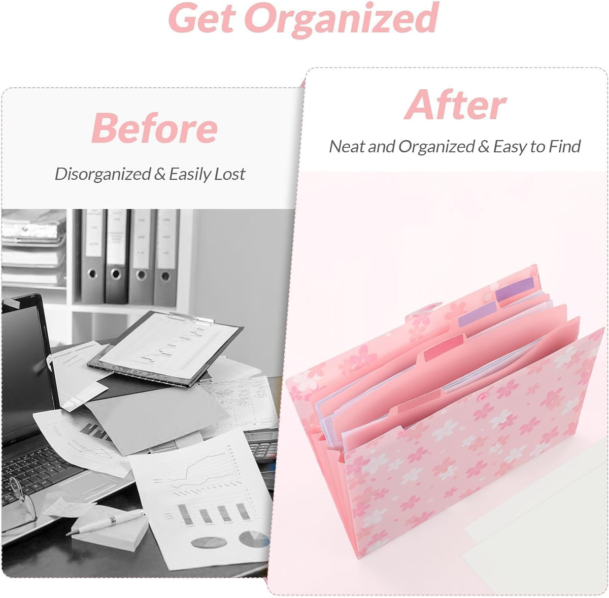 Pink Expanding File Folder with 5 Pockets, Cute Accordion File