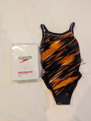 NWT - Speedo Youth Girls Fractal Point Flyback One Piece Swimsuit- 6/22 - Orange