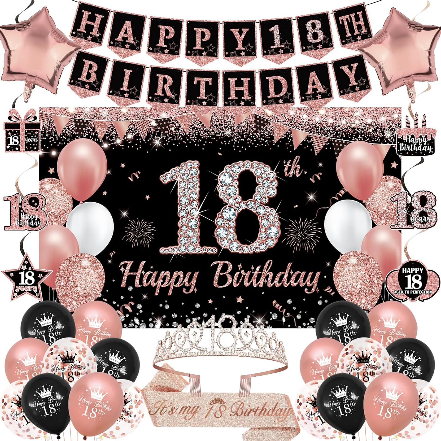 18Th Birthday Decorations for Girls, 30Pcs Black Rose Gold Happy Birthday Party