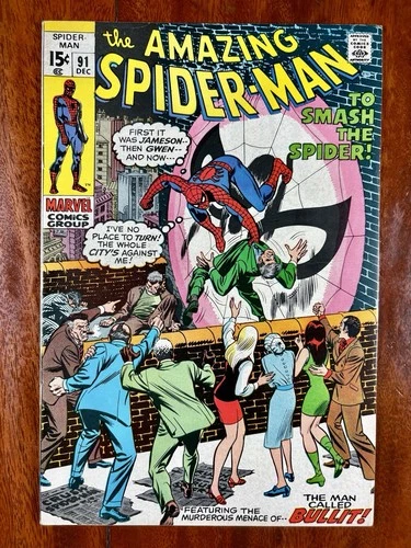 The AMAZING SPIDER-MAN #91 DEC 1970 Vintage Marvel Comics, Bullit - VG VG+