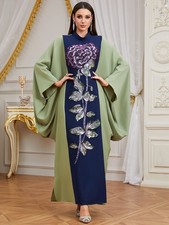 Arab Women's Long Sleeve Abaya Maxi Dress Robe with Beads Embroidery Kaftan Gown