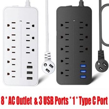 US Power Strip Surge Protector 8 AC Outlets 3 USB Ports + Type C Port 4 FT Cable
