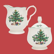 Nikko Christmas Tree Cream and Sugar Set Teddy Bear Gifts Green Rim