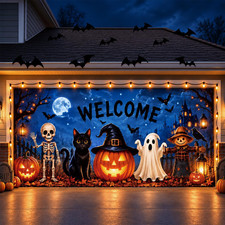 7 X 16 Ft Halloween Garage Door Cover, Skeleton Black Cat Pumpkin Ghost Scarecro