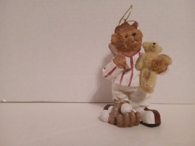 poly resin teddy bear dressed as a base ball player holding a teddy bear pre own