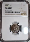 NGC MS-64 BN 1907 Indian Head Cent, Well-Struck & Highly Lustrous.