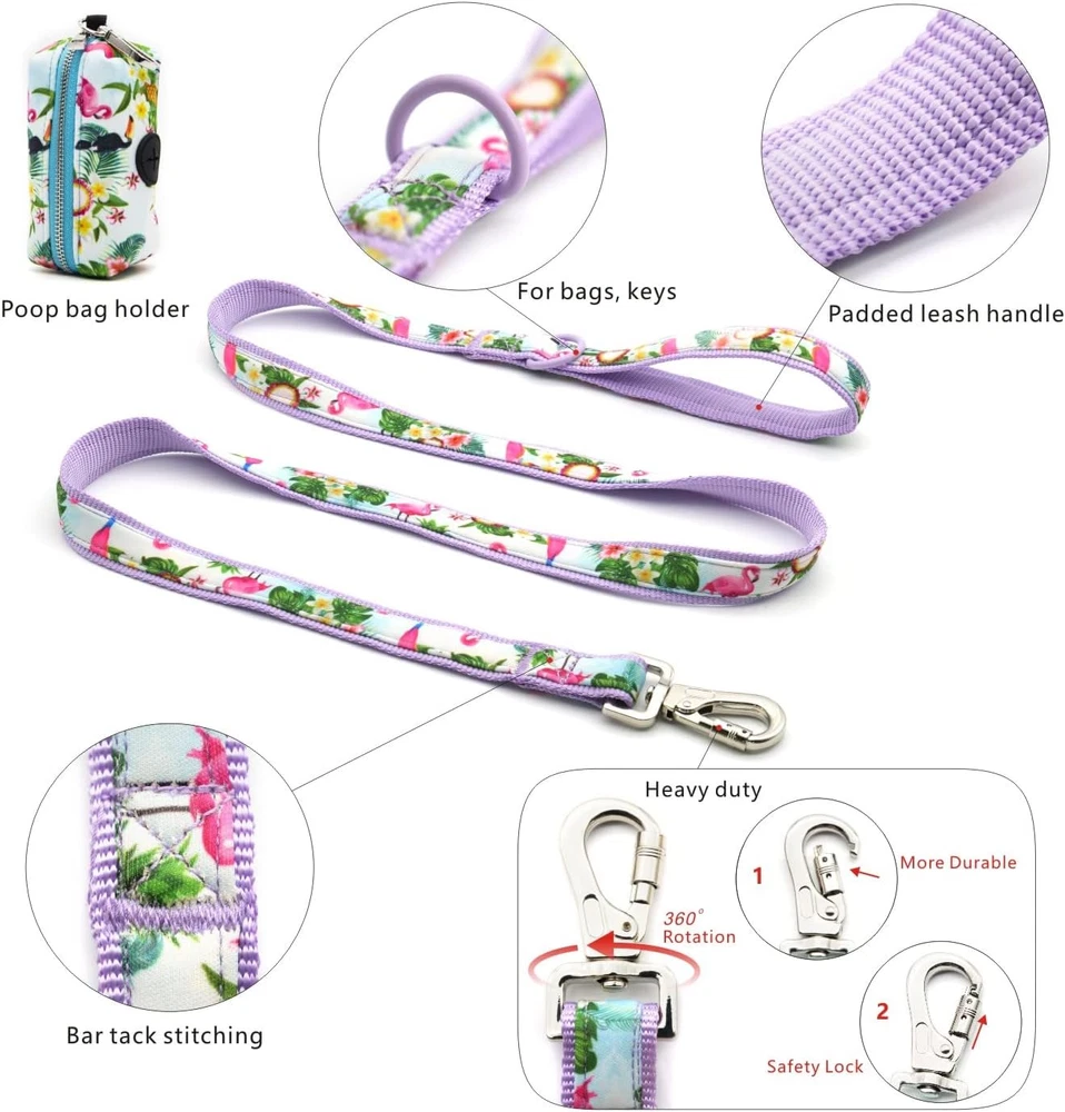 Dog Harness Collar 5Ft Leash Poop Bag Holder Set, Reflective Adjustable No-Pull