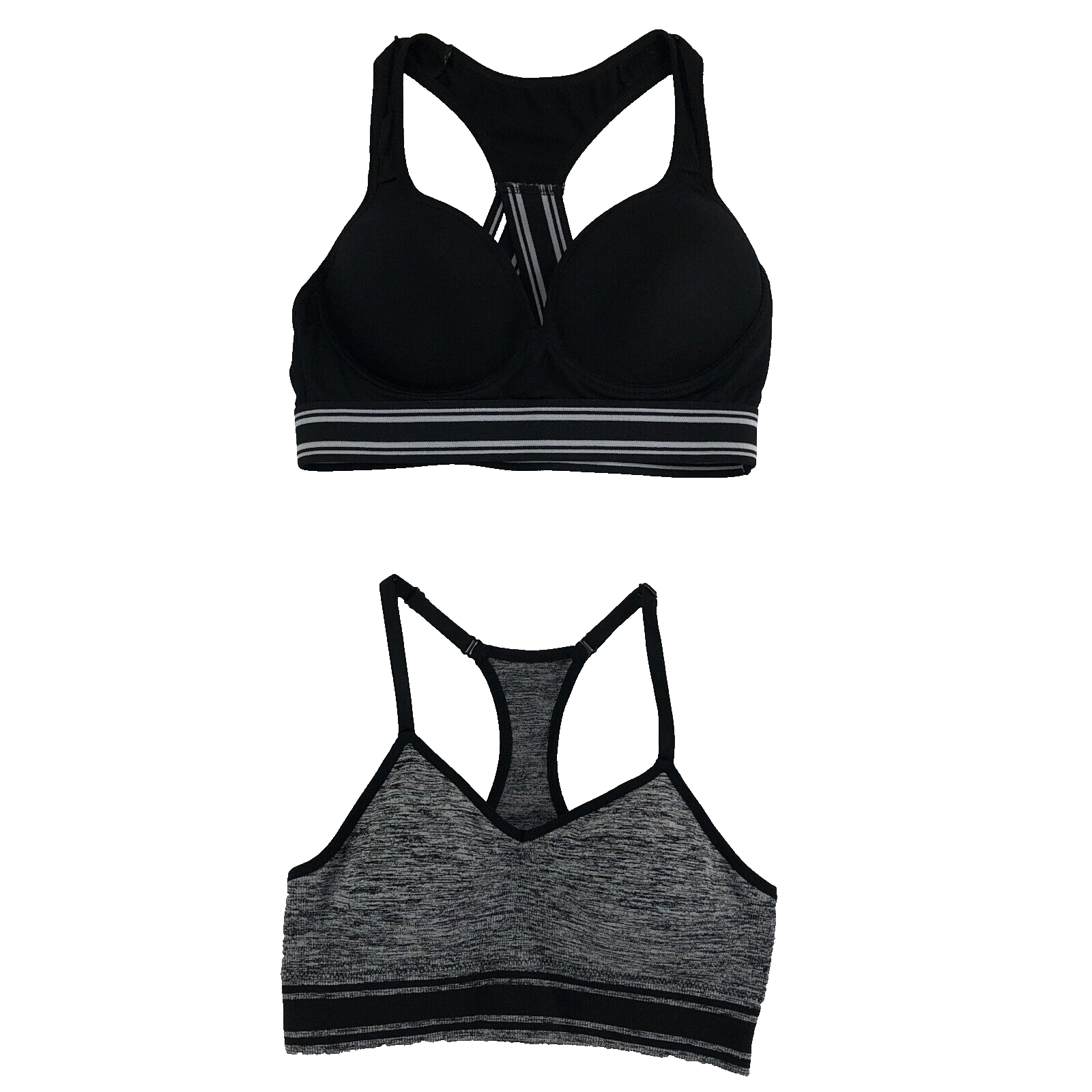 Lot of 2 Sports Bras Athletic Works & Just Be Size 34/36 Black Gray