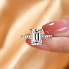 2.70 CTW Emerald Cut VVS1 Moissanite Engagement Ring In 14k White Gold Plated