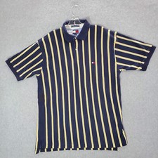 VINTAGE Tommy Hilfiger Men Polo Shirt XL Blue Striped Logo Short Sleeve Y2K