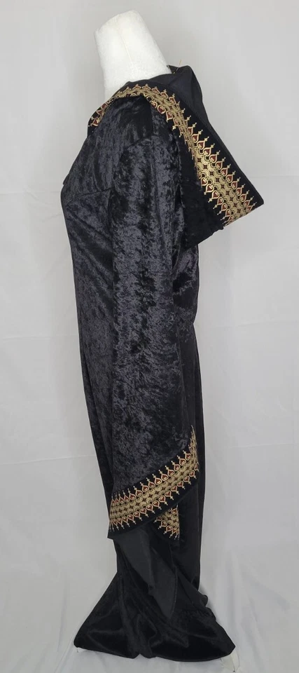 Rubies Black Crush Velvet Hooded Dress Gold & Red Trim Medieval Gothic Cosplay - Image 3 of 4