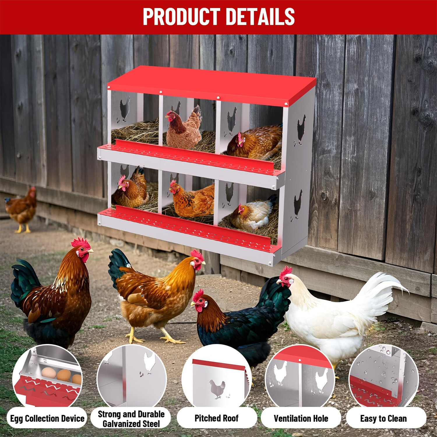 6 Holes Chicken Nesting Box Nesting Boxes for Chicken W/Bracket Legs Laying Box