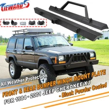 Front & Rear Bumper Winch Mount Plate Set For 1984-2001 Jeep Cherokee XJ Black