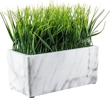Freestanding Artificial Green Grass Plant in White Marble Ceramic Planter Pot