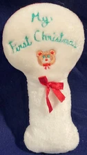 Vintage White Plush Baby Rattle Toy 1986 My First Christmas with Bear 7.5 Inch