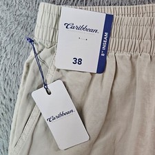 NWT Caribbean Roundtree & Yorke Shorts Men 38 x 8" Cotton Linen Beige Elastic
