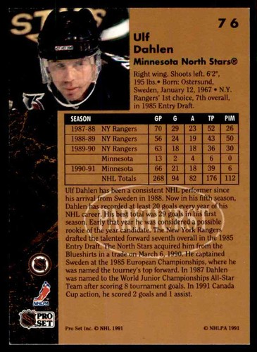 1991-92 Parkhurst Ulf Dahlen #76 - Picture 2 of 2
