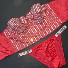 Victoria's Secret S 32C 34B CORSET TOP BRA SET S,M,L panty RED bling SHINE STRAP