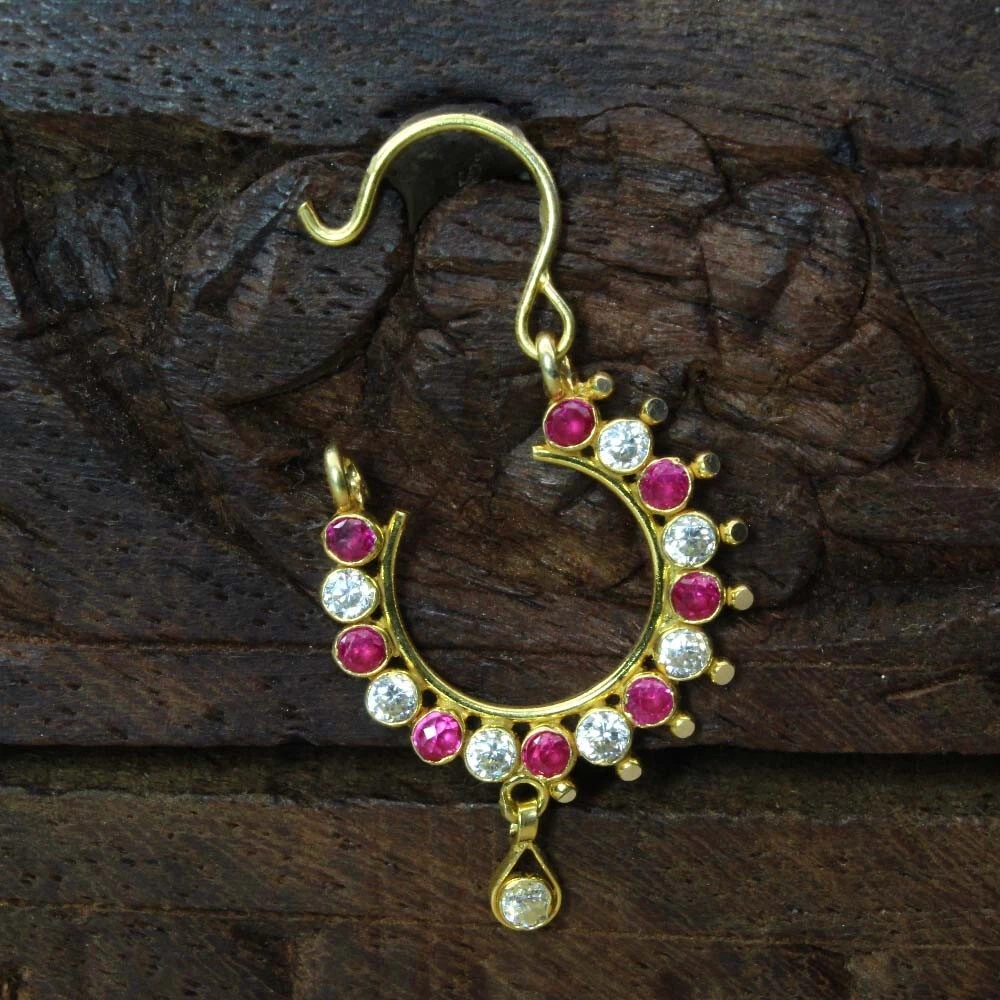 Big Indian Nose Ring Radha Nath Pink White CZ Hoop 14k Real Gold