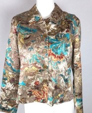 CHICO'S Women's Jacket Sz 1 Flower Brocade Brown Blue Gold Thread Silk Cotton
