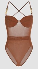 Cider Brown Glitter Sheer Chain Bodysuit Size XL
