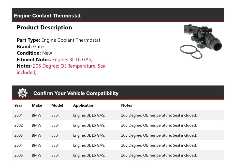 Para BMW 330i 2001-2005 3L L6 Motor Gas Refrigerante Termostato Puertas 2002 2003 2004 Foto 2 de 4
