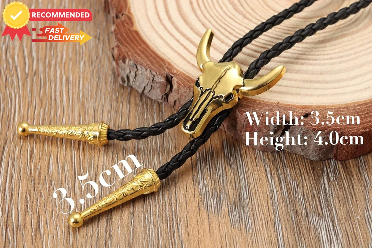 Western Cowboy Bolo Tie Men Cow Skull Black Leather Vintage Necktie Necklace