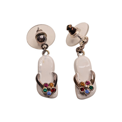 Metal White Rhinestone Jeweled Flip Flop Push Back Earrings By Best 3/4 Inches