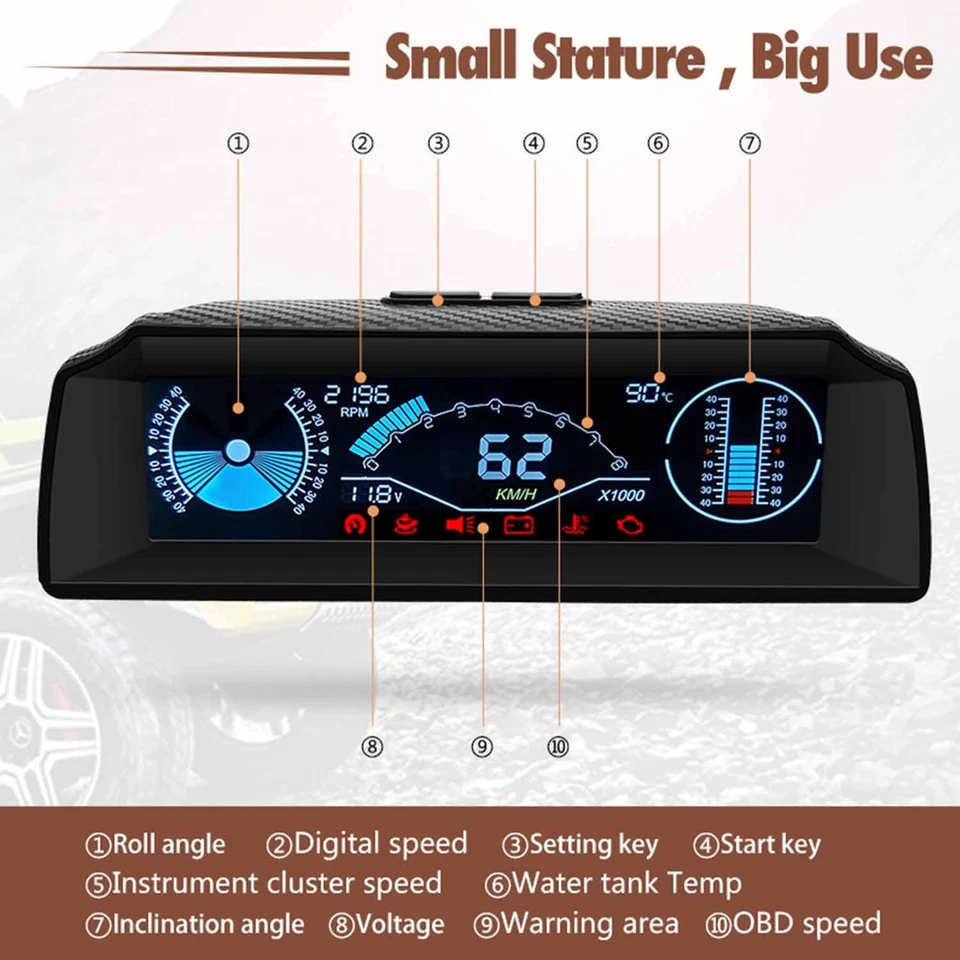1Pcs Car OBD2 Multi-function Gauge HUD Head-Up-Digital Speedometer Slope Display Foto 4 de 4