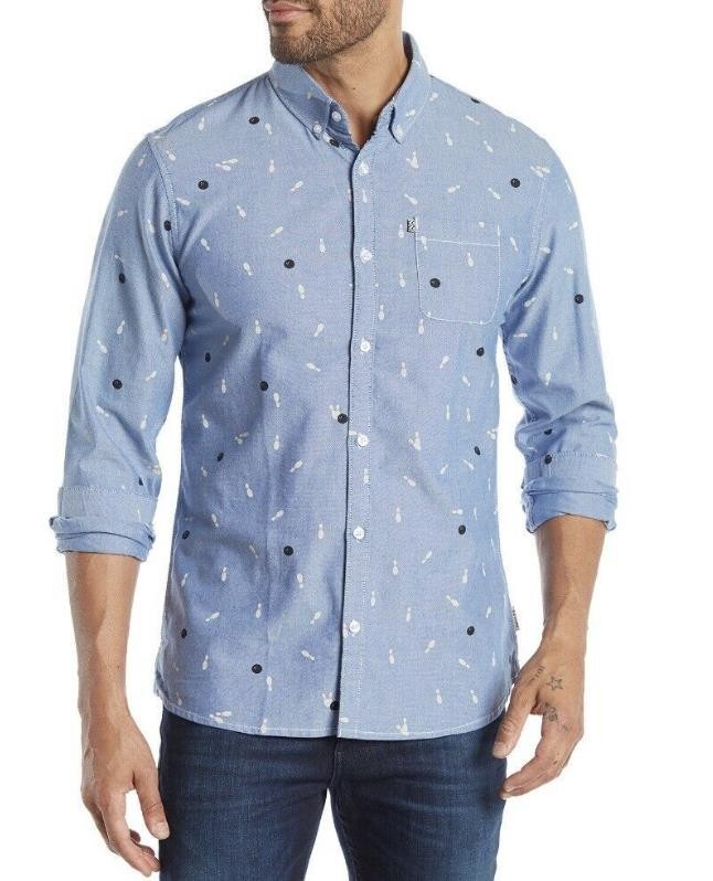 NOIZE AMSTRDM MENS BLUE BOWLING BALL PRINT SHIRT SIZE L $100 New