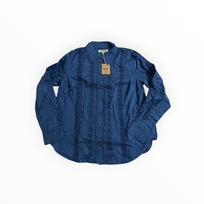 Boden Sienna Broderie Detail Shirt Denim Blue Womens US 14 Button Front Top