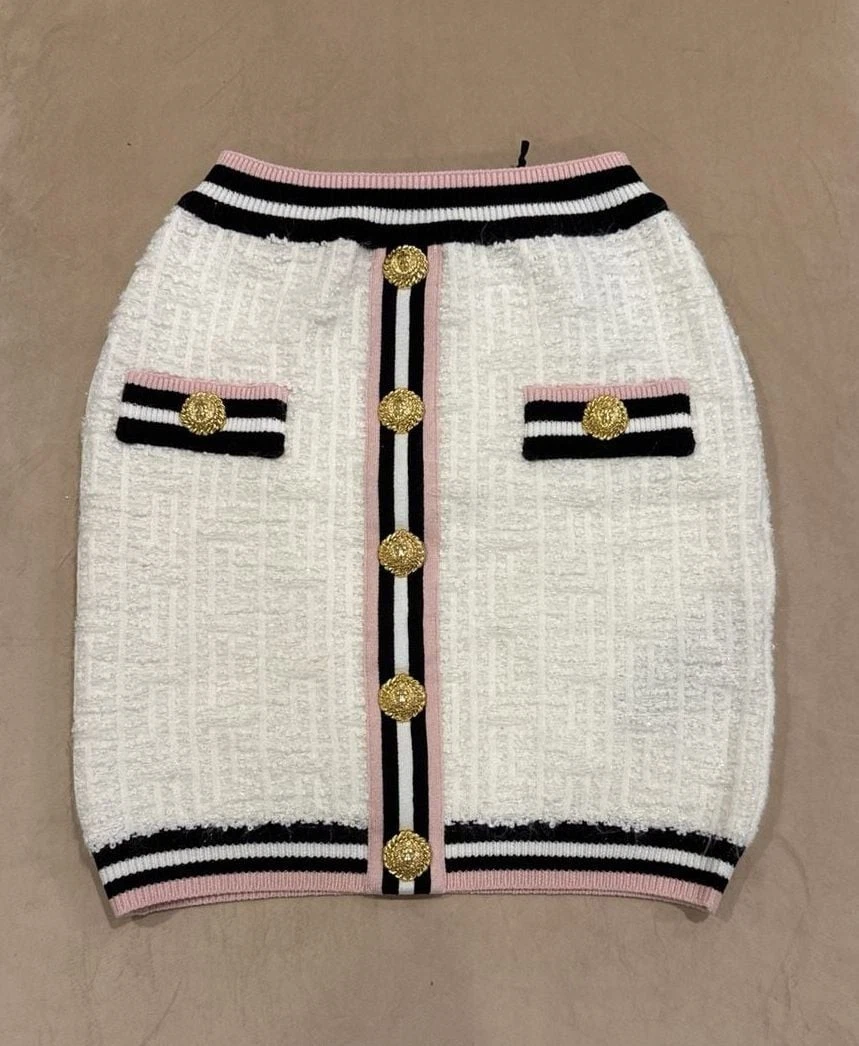 Balmain — Balmain Maze Monogram Knit Mini Skirt with Gold Lion Buttons Size 38