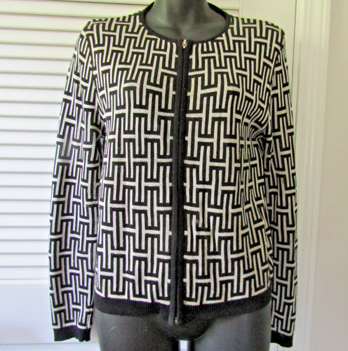 Halston, Maglione Vintage HALSTON Lifestyle Bianco e Nero Motivo H Zip Taglia Media