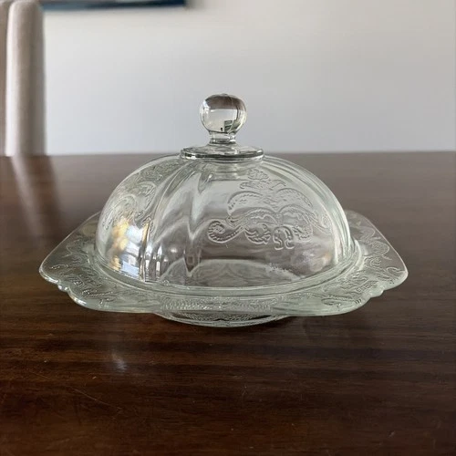 Vintage Clear Depression Glass Butter Dish With Lid floral Scroll Federal Style