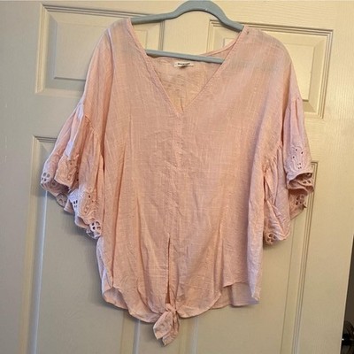 Max Studio Baby Pink Eyelet Flutter Sleeve Front-Tie Blouse