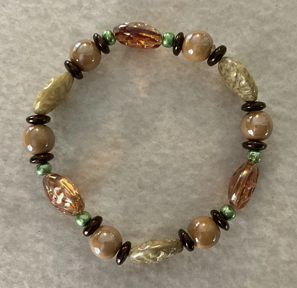 Pretty Czech Glass Flower & Porcelain Beaded Stretch Bracelet 7”Length Foto 3 de 4