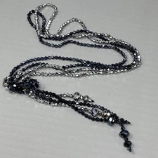 Lariat Necklace Blue Silver Metallic Glass Beads Tie Front Double Strand 43-45"