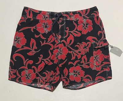QuikSilver Edition Mens Trunks Swim Surf Shorts Red Black Floral Size 38 X 6