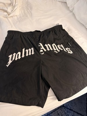 Men s Palm Angels Curved Logo Swim Shorts Black Size Medium