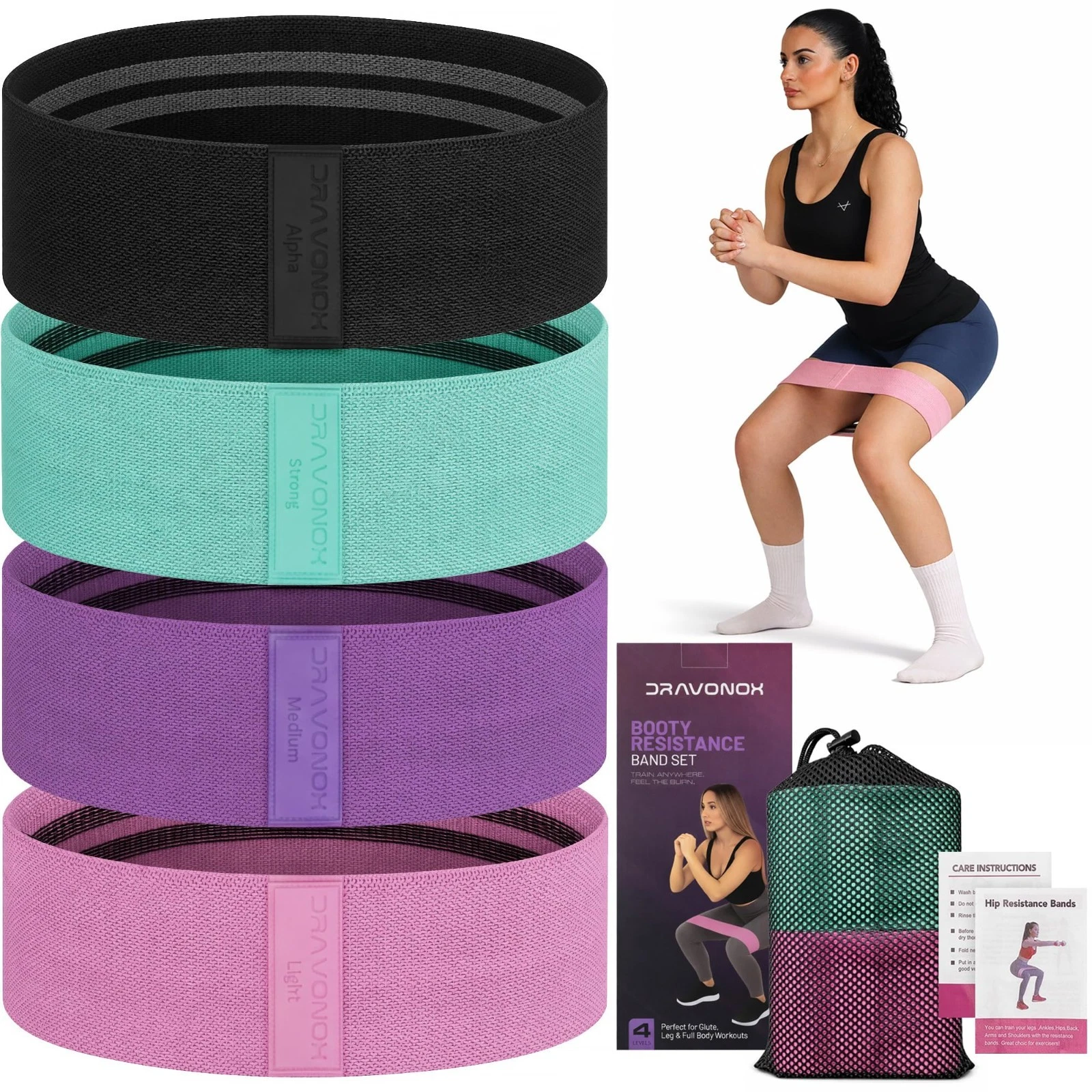 Resistance Bands Set - 4 Levels for Leg & Glute Workouts, Non-Slip Fabric, Exerc