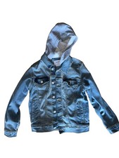 Old Navy Boys L 10-12 Denim Jean Jacket Blue Built In Hoodie Stretch Trucker