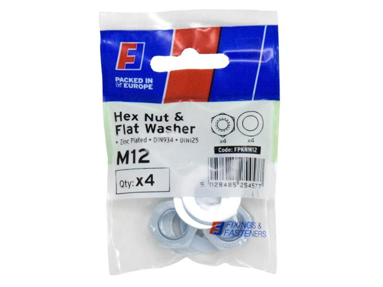 Forgefix M12 Nut & Washer Pack of 4 - Zinc Plated, Corrosion Resistant