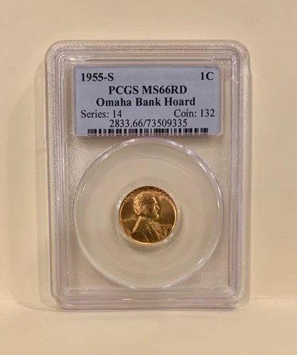1955-S LINCOLN WHEAT CENT - PCGS MS 66 RD - Red  -  Omaha Bank Hoard