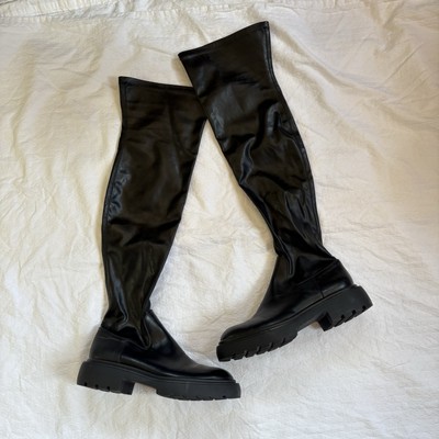 Zara Over the Knee Black Boots Lug Sole Faux Leather Thigh High Womens 38  US