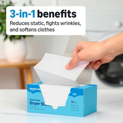 Amazon Basics Dryer Sheets Clean Linen Scent, Laundry Fabric Softener 160 Sheets