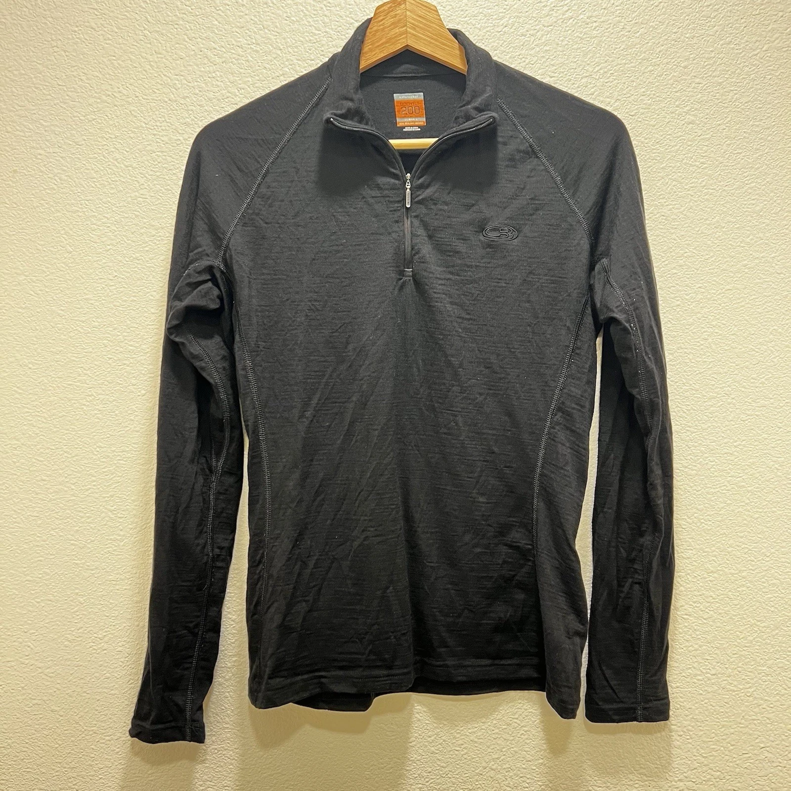 Icebreaker Women's Large Merino Wool 1/4 Zip Base Layer Shirt Black Bodyfit 200