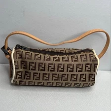 FENDI Zucchino Mini Pouch Canvas Brown Zip Closure Vintage Logo Authe